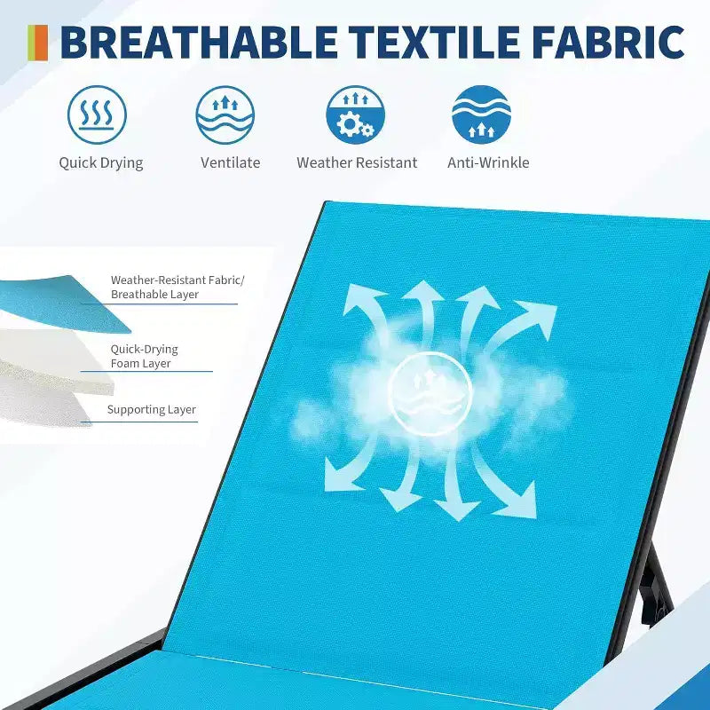 2 chaises longues de patio en textile avec table d'appoint, dossier réglable, transats de piscine sur roulettes, chaises longues pour piscine extérieure, cour, pelouse