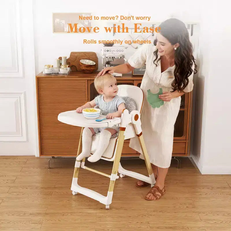 Chaise Haute Bébé/Transat Convertible, Pliable avec Harnais 5 Points, Roues Silencieuses Verrouillables et Double Plateau Amovible, Blanche