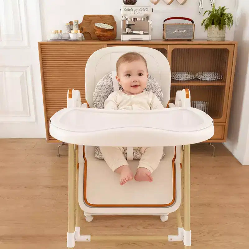 Chaise Haute Bébé/Transat Convertible, Pliable avec Harnais 5 Points, Roues Silencieuses Verrouillables et Double Plateau Amovible, Blanche