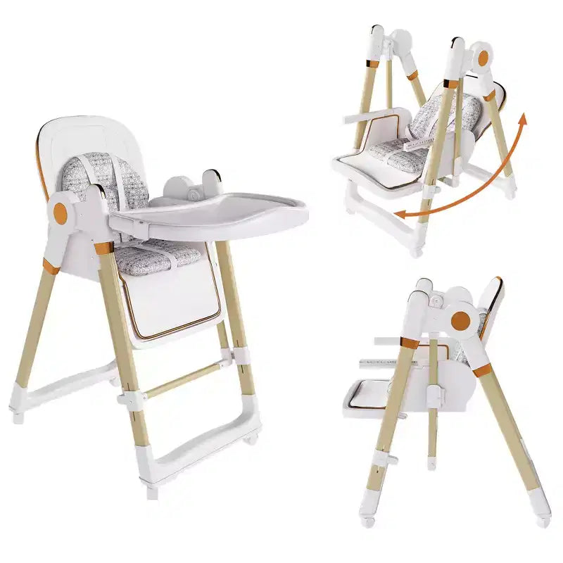 Chaise Haute Bébé/Transat Convertible, Pliable avec Harnais 5 Points, Roues Silencieuses Verrouillables et Double Plateau Amovible, Blanche