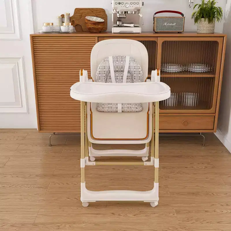 Chaise Haute Bébé/Transat Convertible, Pliable avec Harnais 5 Points, Roues Silencieuses Verrouillables et Double Plateau Amovible, Blanche