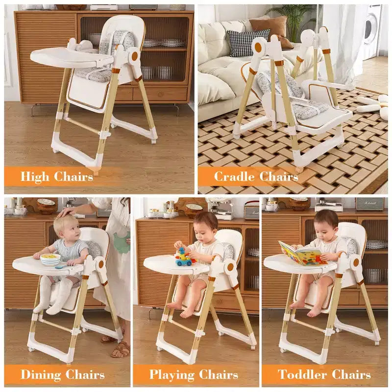 Chaise Haute Bébé/Transat Convertible, Pliable avec Harnais 5 Points, Roues Silencieuses Verrouillables et Double Plateau Amovible, Blanche
