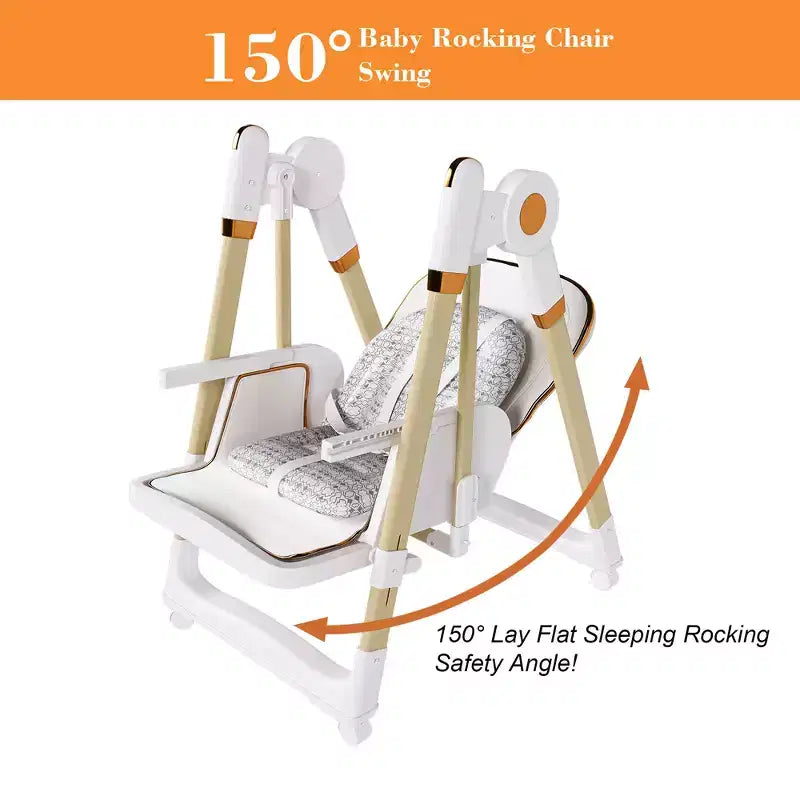 Chaise Haute Bébé/Transat Convertible, Pliable avec Harnais 5 Points, Roues Silencieuses Verrouillables et Double Plateau Amovible, Blanche