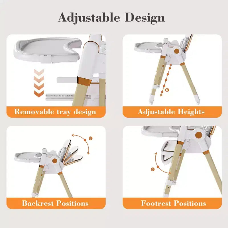Chaise Haute Bébé/Transat Convertible, Pliable avec Harnais 5 Points, Roues Silencieuses Verrouillables et Double Plateau Amovible, Blanche