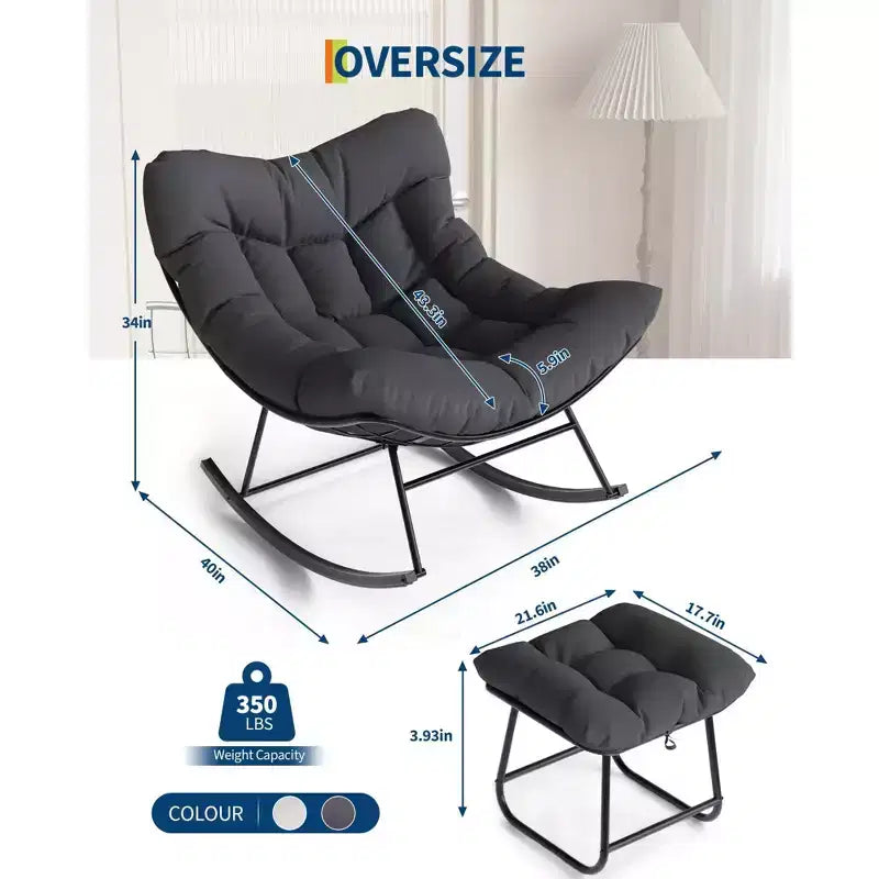 Grand fauteuil de jardin de 101 cm avec repose-pieds, Fauteuil à bascule œuf Papasan en métal pour terrasse ou balcon