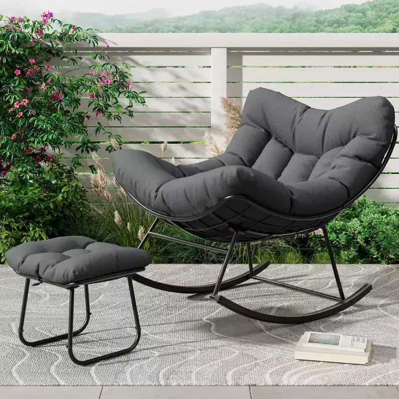 Grand fauteuil de jardin de 101 cm avec repose-pieds, Fauteuil à bascule œuf Papasan en métal pour terrasse ou balcon