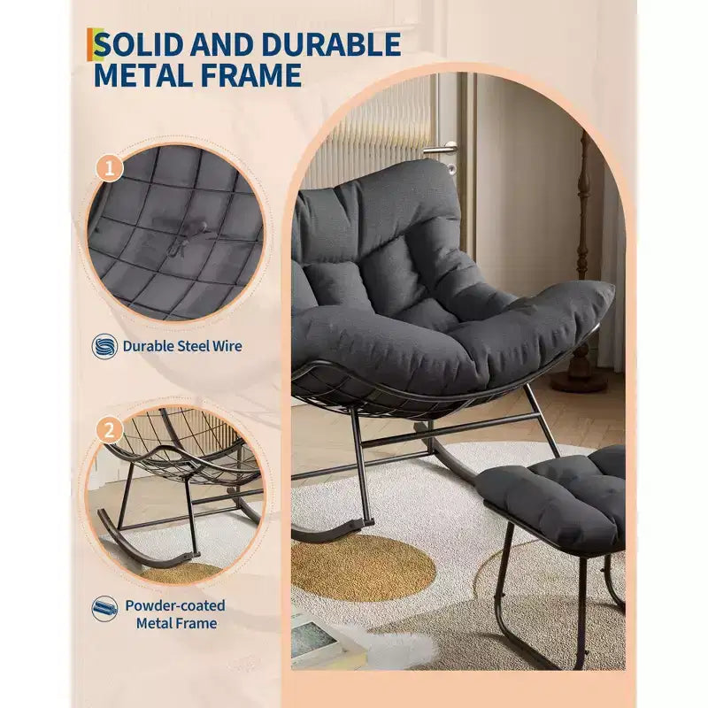 Grand fauteuil de jardin de 101 cm avec repose-pieds, Fauteuil à bascule œuf Papasan en métal pour terrasse ou balcon