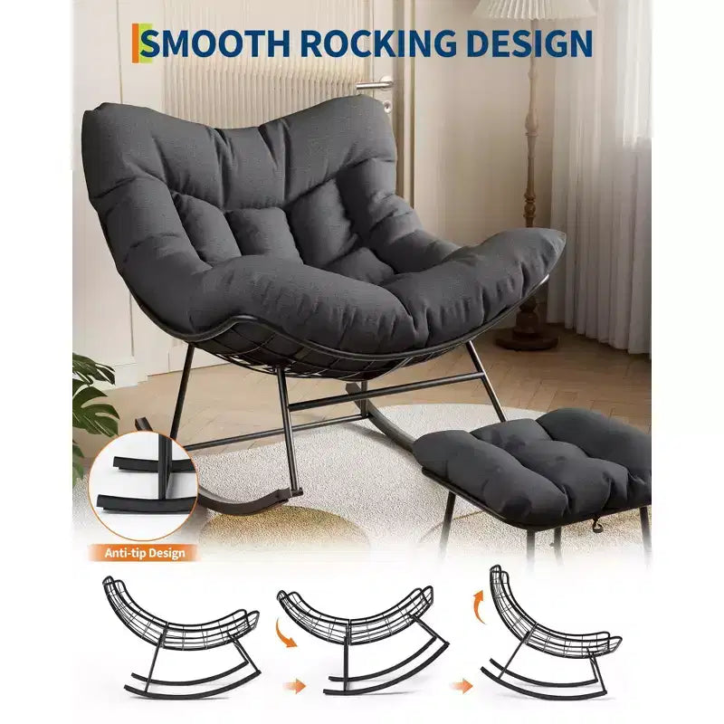 Grand fauteuil de jardin de 101 cm avec repose-pieds, Fauteuil à bascule œuf Papasan en métal pour terrasse ou balcon