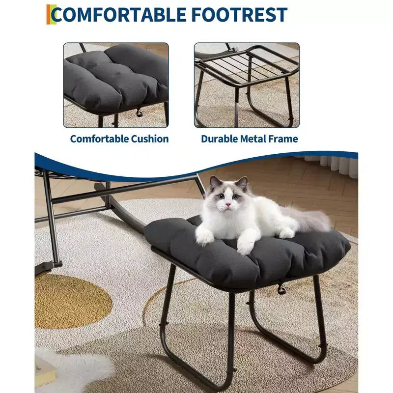 Grand fauteuil de jardin de 101 cm avec repose-pieds, Fauteuil à bascule œuf Papasan en métal pour terrasse ou balcon