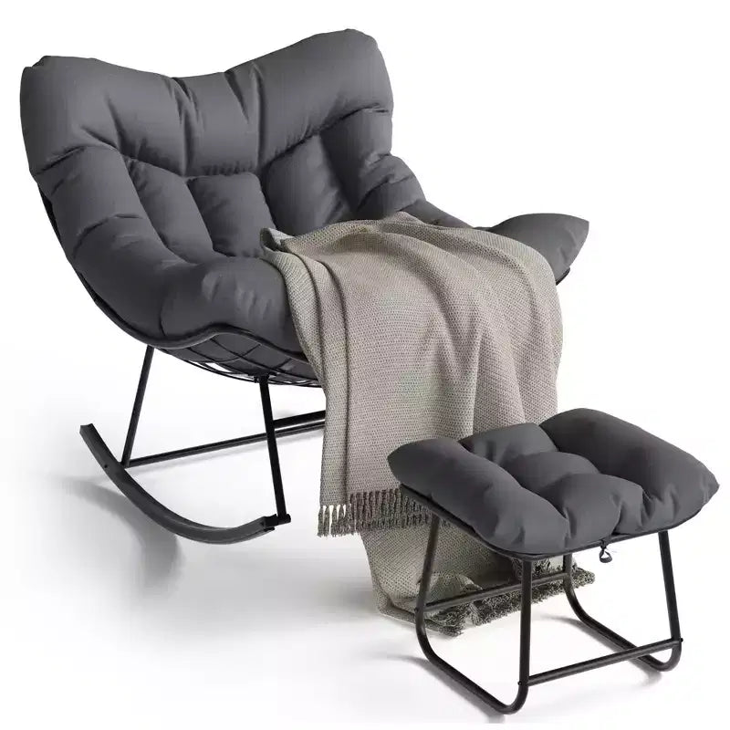 Grand fauteuil de jardin de 101 cm avec repose-pieds, Fauteuil à bascule œuf Papasan en métal pour terrasse ou balcon