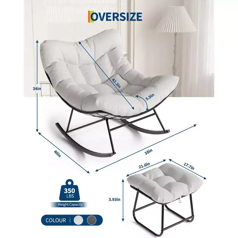 Grand fauteuil de jardin de 101 cm avec repose-pieds, Fauteuil à bascule œuf Papasan en métal pour terrasse ou balcon