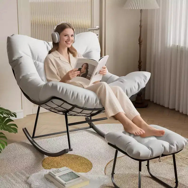 Grand fauteuil de jardin de 101 cm avec repose-pieds, Fauteuil à bascule œuf Papasan en métal pour terrasse ou balcon