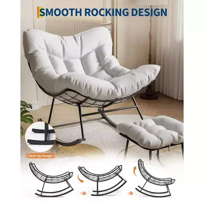 Grand fauteuil de jardin de 101 cm avec repose-pieds, Fauteuil à bascule œuf Papasan en métal pour terrasse ou balcon