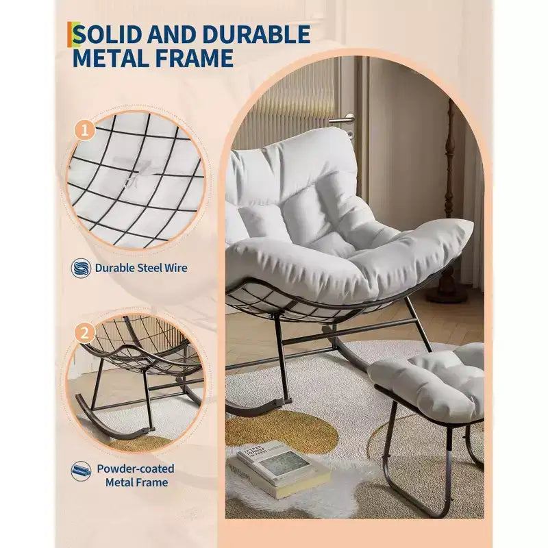 Grand fauteuil de jardin de 101 cm avec repose-pieds, Fauteuil à bascule œuf Papasan en métal pour terrasse ou balcon