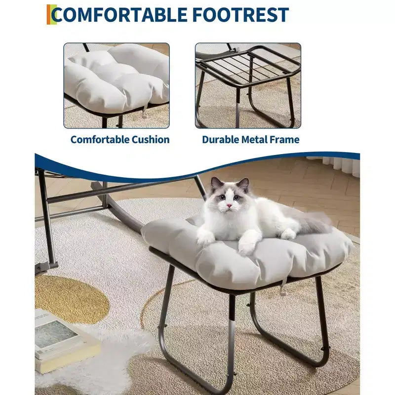 Grand fauteuil de jardin de 101 cm avec repose-pieds, Fauteuil à bascule œuf Papasan en métal pour terrasse ou balcon
