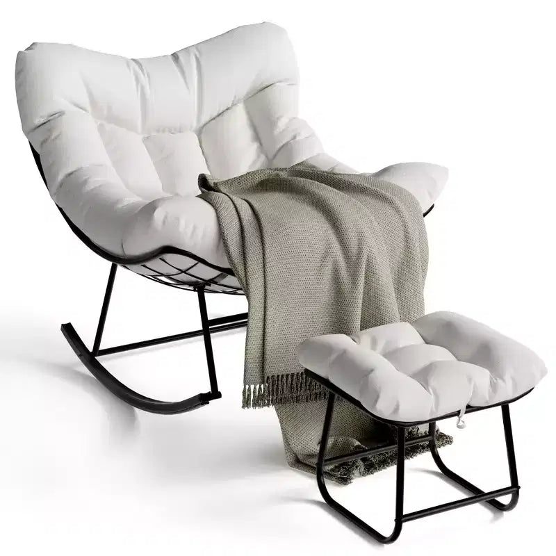 Grand fauteuil de jardin de 101 cm avec repose-pieds, Fauteuil à bascule œuf Papasan en métal pour terrasse ou balcon