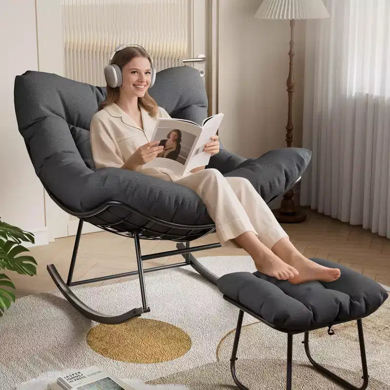 Grand fauteuil de jardin de 101 cm avec repose-pieds, Fauteuil à bascule œuf Papasan en métal pour terrasse ou balcon