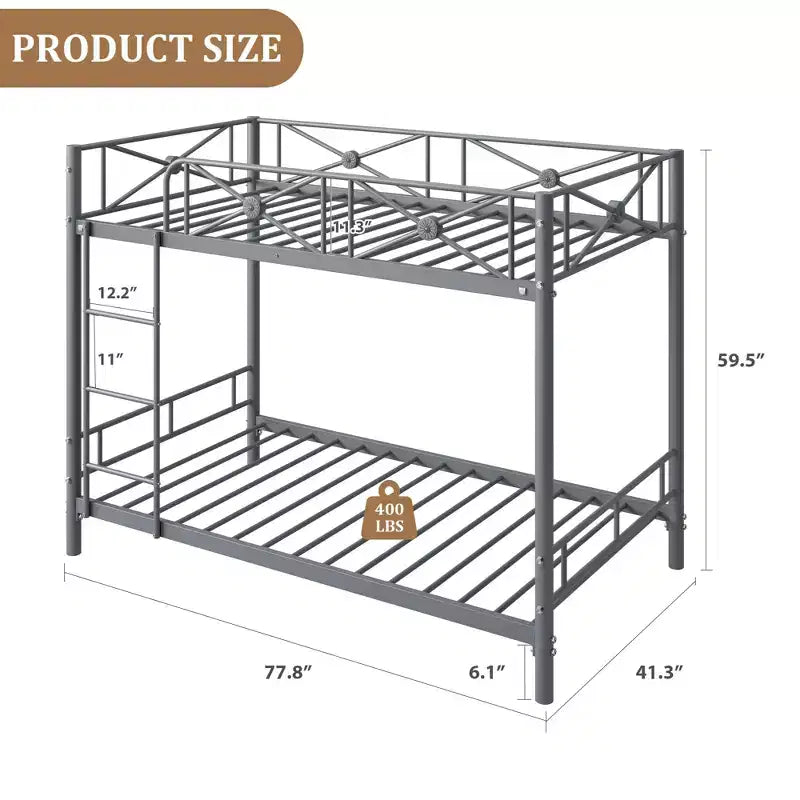 Lit superposé en métal une place sur une place avec barrières de sécurité, structure en acier peu encombrante