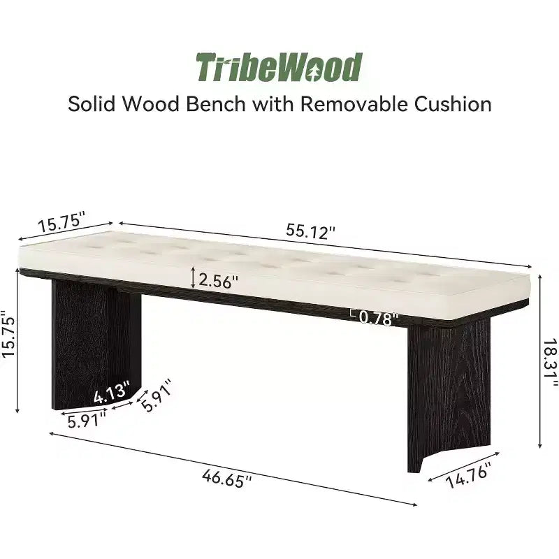 Banc en bois massif avec coussin amovible, banc à chaussures moderne de 140 cm pour entrée, salle à manger, salon, pied de lit