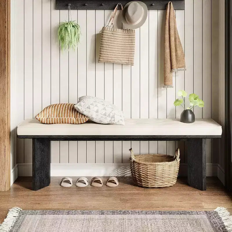 Banc en bois massif avec coussin amovible, banc à chaussures moderne de 140 cm pour entrée, salle à manger, salon, pied de lit