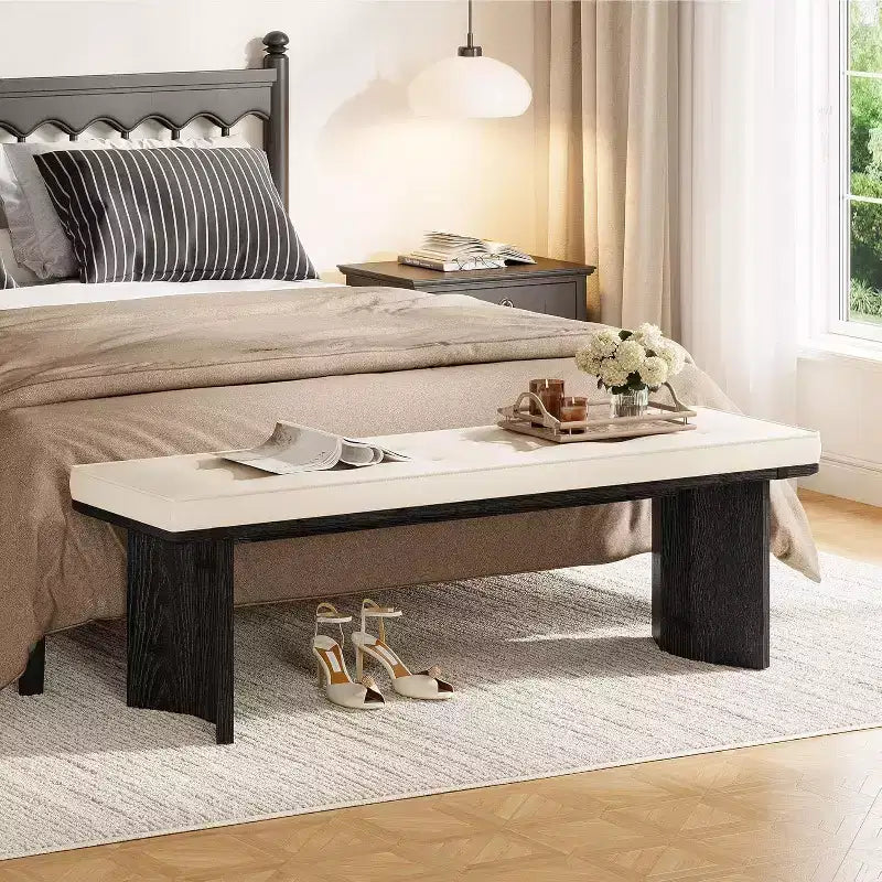 Banc en bois massif avec coussin amovible, banc à chaussures moderne de 140 cm pour entrée, salle à manger, salon, pied de lit