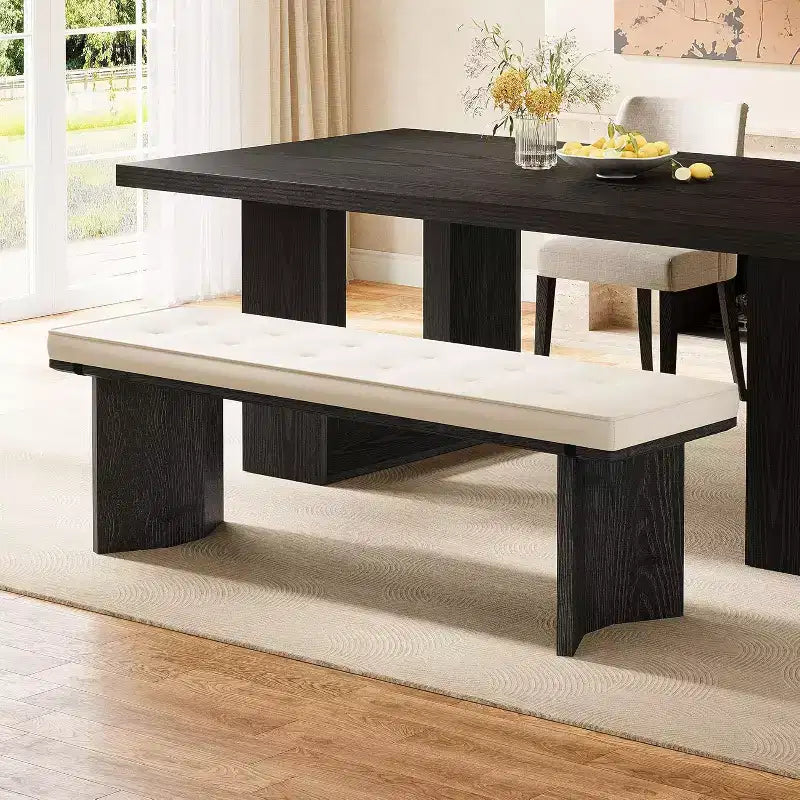 Banc en bois massif avec coussin amovible, banc à chaussures moderne de 140 cm pour entrée, salle à manger, salon, pied de lit