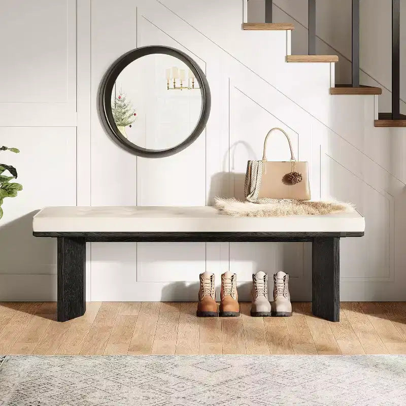Banc en bois massif avec coussin amovible, banc à chaussures moderne de 140 cm pour entrée, salle à manger, salon, pied de lit