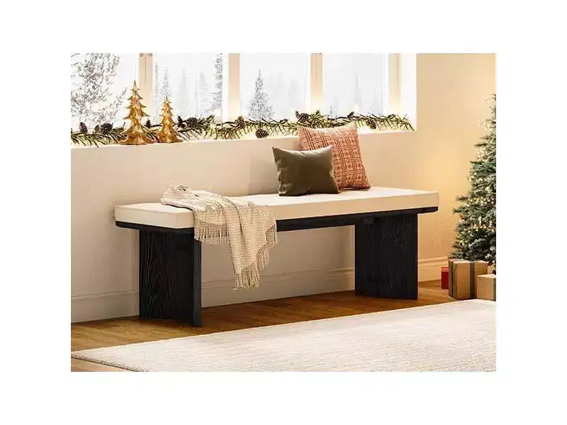 Banc en bois massif avec coussin amovible, banc à chaussures moderne de 140 cm pour entrée, salle à manger, salon, pied de lit