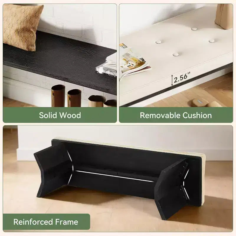 Banc en bois massif avec coussin amovible, banc à chaussures moderne de 140 cm pour entrée, salle à manger, salon, pied de lit