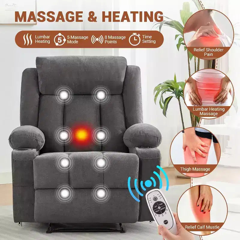 Fauteuil Inclinable de Massage Surdimensionné avec Chaleur et Vibrations, Fauteuil Inclinable à Bascule Large avec Poches Latérales pour Salon, Chambre, Salle de Cinéma Maison