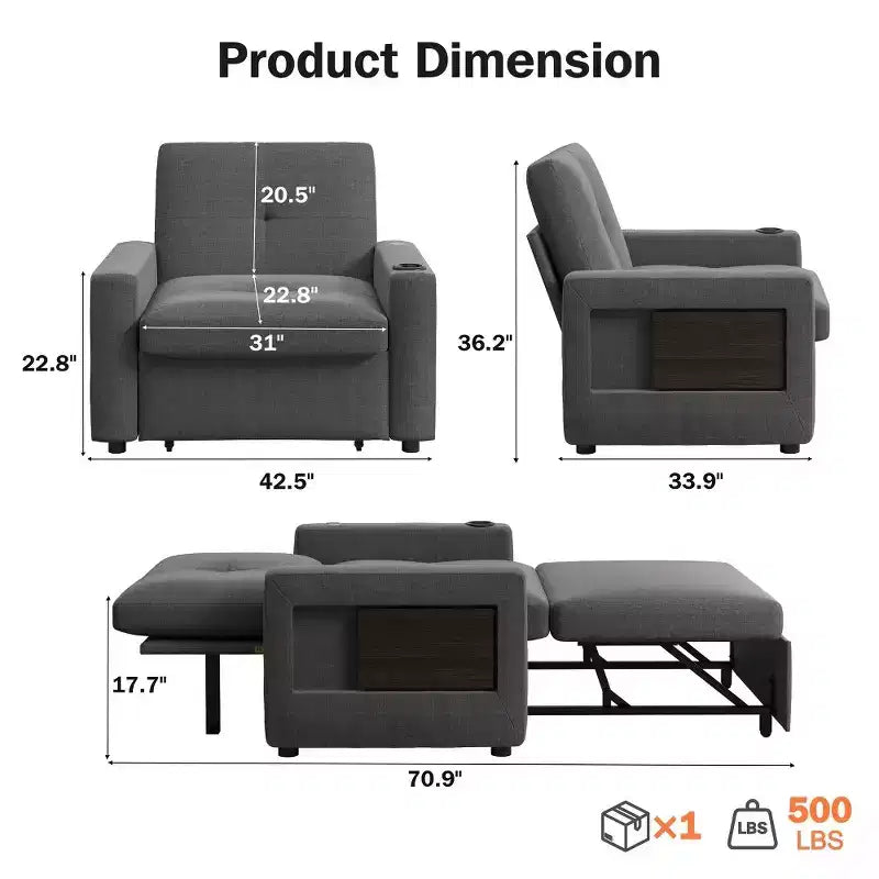 Fauteuil convertible 3-en-1 de 108 cm avec canapé-lit extractible, dossier réglable, ports USB et table d'appoint à ailes