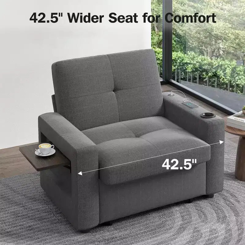 Fauteuil convertible 3-en-1 de 108 cm avec canapé-lit extractible, dossier réglable, ports USB et table d'appoint à ailes