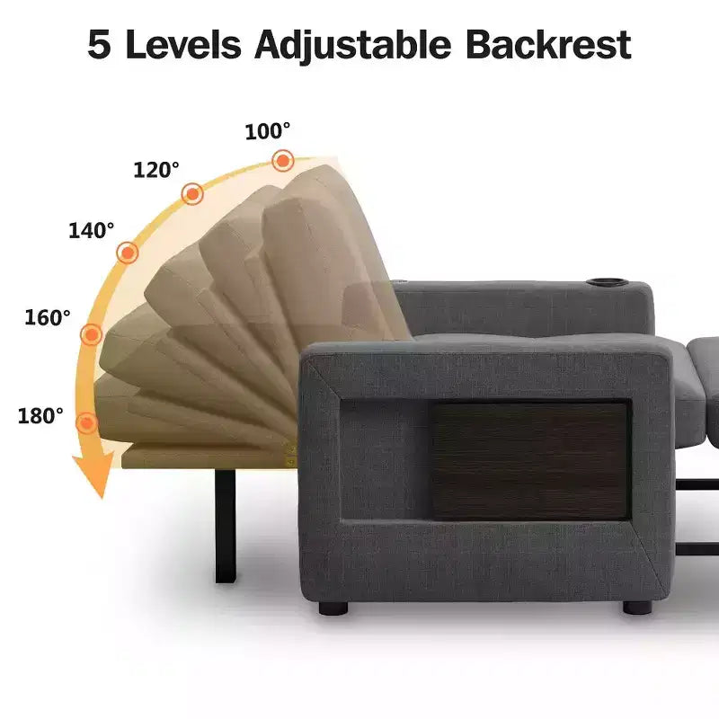 Fauteuil convertible 3-en-1 de 108 cm avec canapé-lit extractible, dossier réglable, ports USB et table d'appoint à ailes