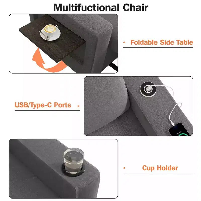 Fauteuil convertible 3-en-1 de 108 cm avec canapé-lit extractible, dossier réglable, ports USB et table d'appoint à ailes