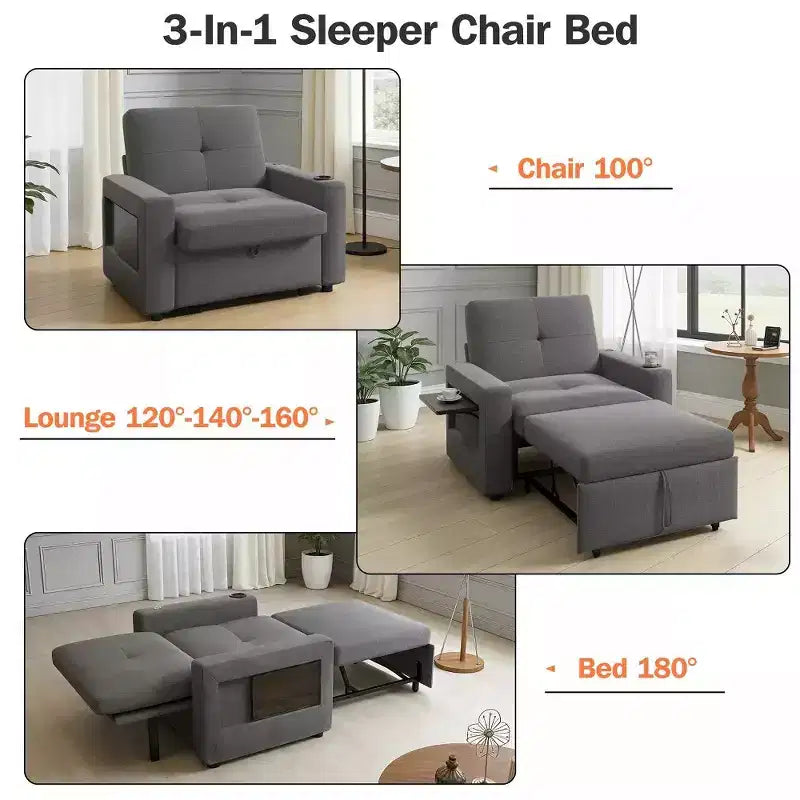 Fauteuil convertible 3-en-1 de 108 cm avec canapé-lit extractible, dossier réglable, ports USB et table d'appoint à ailes