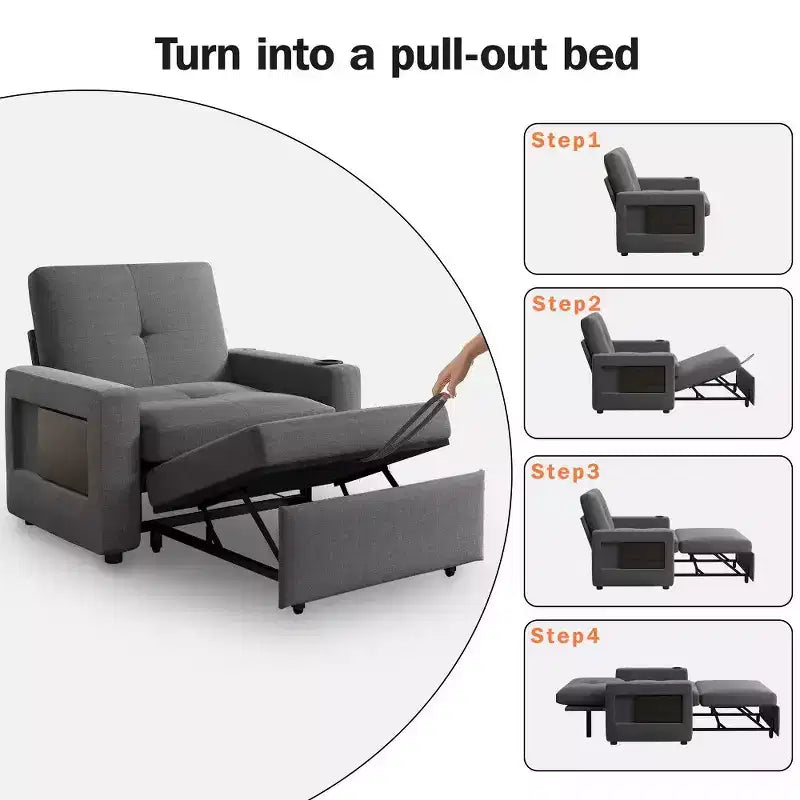 Fauteuil convertible 3-en-1 de 108 cm avec canapé-lit extractible, dossier réglable, ports USB et table d'appoint à ailes