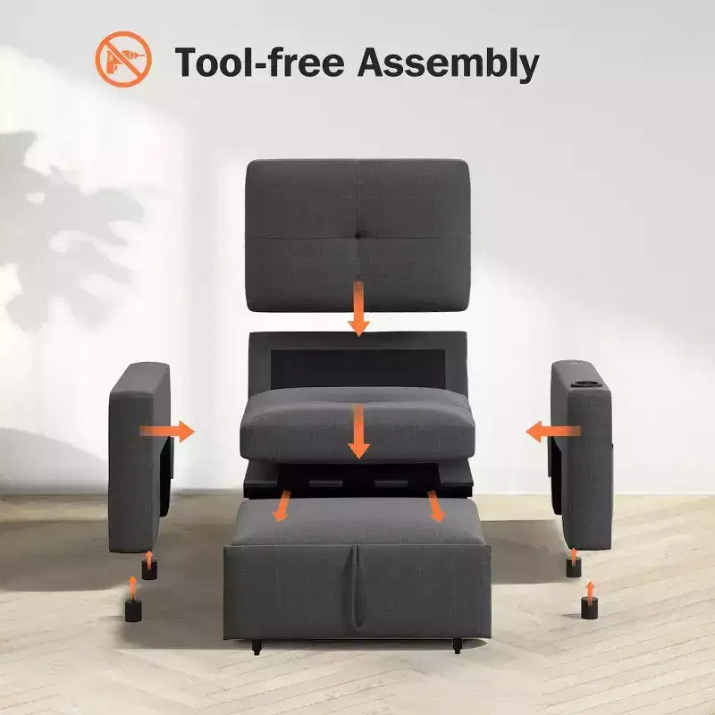 Fauteuil convertible 3-en-1 de 108 cm avec canapé-lit extractible, dossier réglable, ports USB et table d'appoint à ailes