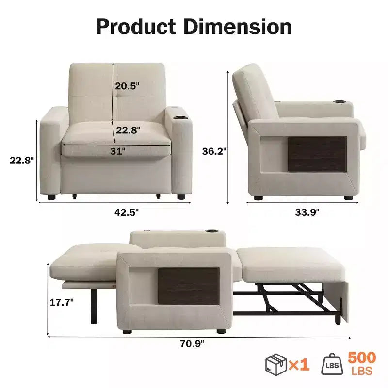 Fauteuil convertible 3-en-1 de 108 cm avec canapé-lit extractible, dossier réglable, ports USB et table d'appoint à ailes