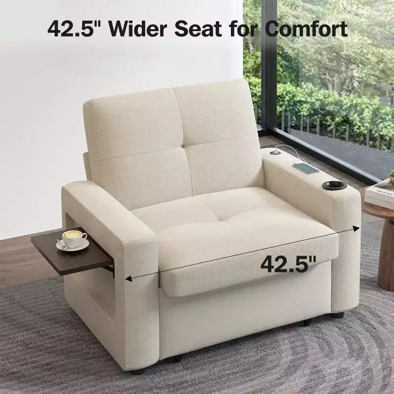 Fauteuil convertible 3-en-1 de 108 cm avec canapé-lit extractible, dossier réglable, ports USB et table d'appoint à ailes