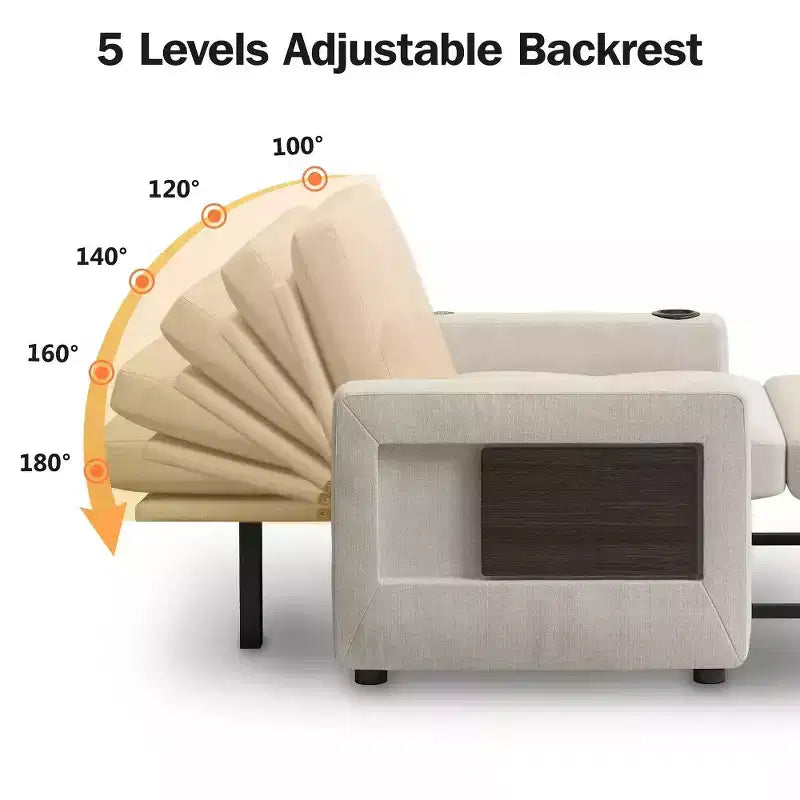 Fauteuil convertible 3-en-1 de 108 cm avec canapé-lit extractible, dossier réglable, ports USB et table d'appoint à ailes