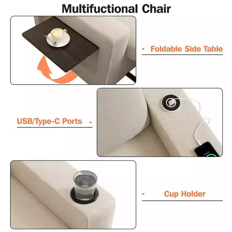 Fauteuil convertible 3-en-1 de 108 cm avec canapé-lit extractible, dossier réglable, ports USB et table d'appoint à ailes