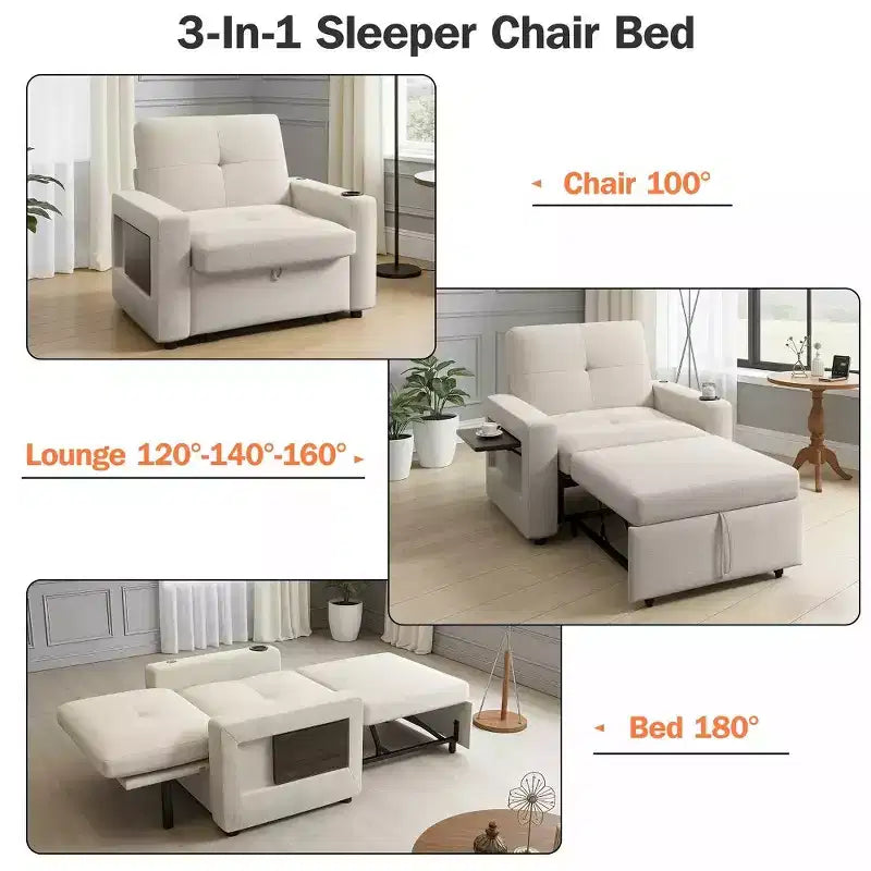Fauteuil convertible 3-en-1 de 108 cm avec canapé-lit extractible, dossier réglable, ports USB et table d'appoint à ailes