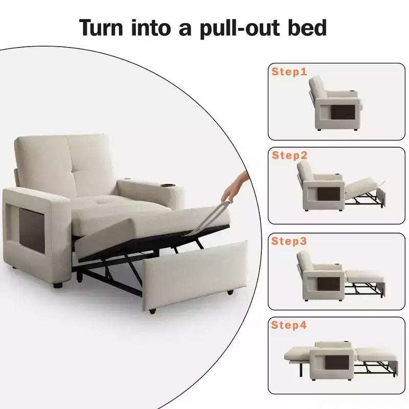 Fauteuil convertible 3-en-1 de 108 cm avec canapé-lit extractible, dossier réglable, ports USB et table d'appoint à ailes