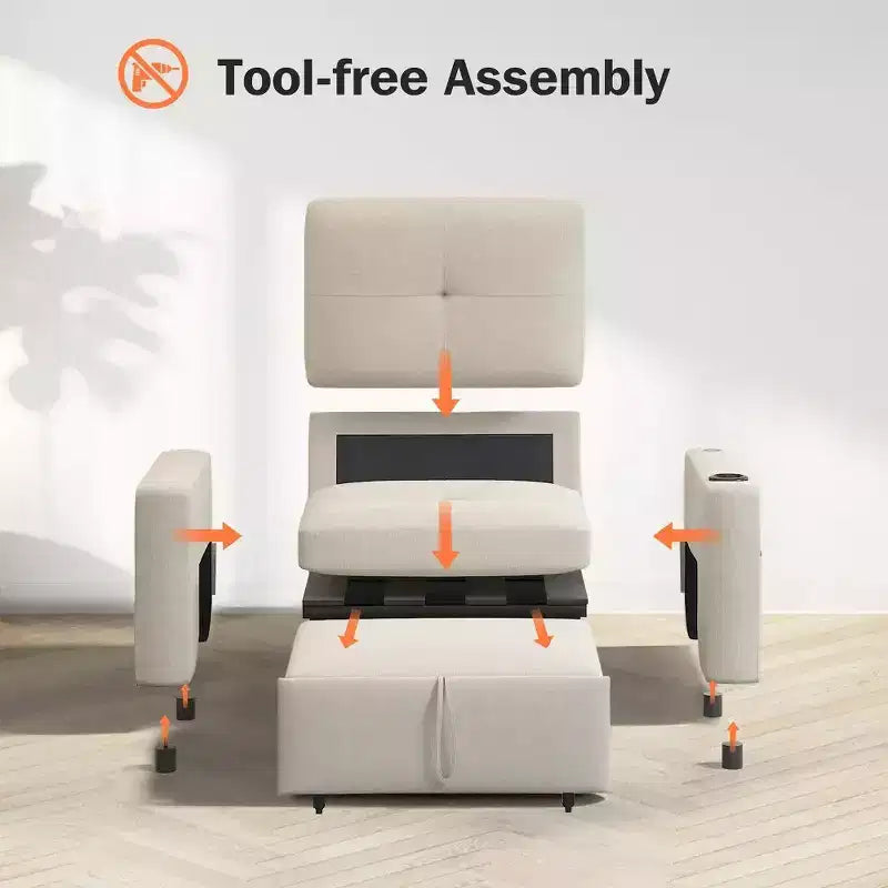 Fauteuil convertible 3-en-1 de 108 cm avec canapé-lit extractible, dossier réglable, ports USB et table d'appoint à ailes