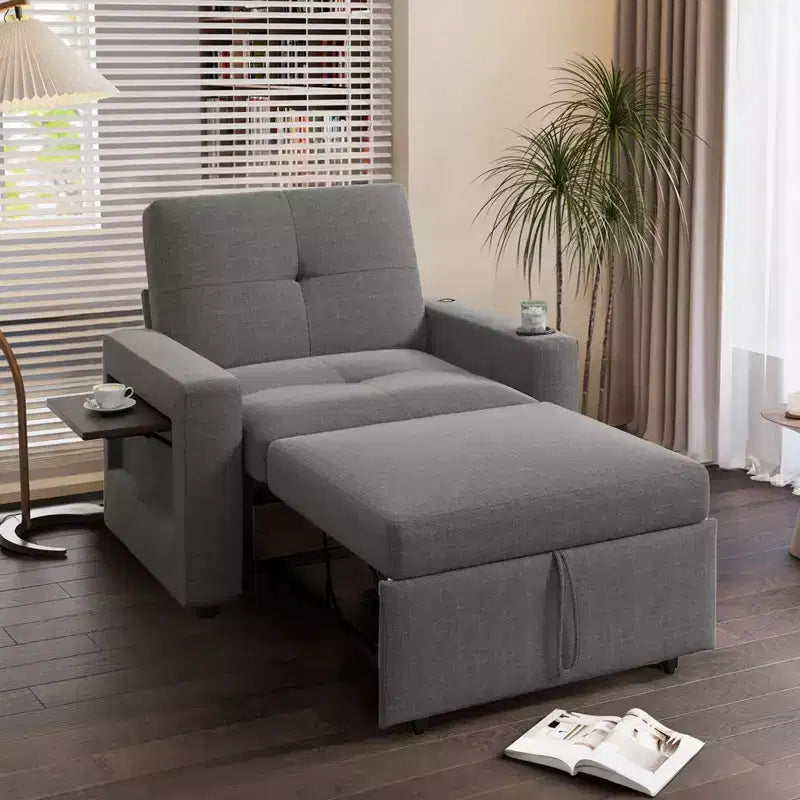 Fauteuil convertible 3-en-1 de 108 cm avec canapé-lit extractible, dossier réglable, ports USB et table d'appoint à ailes