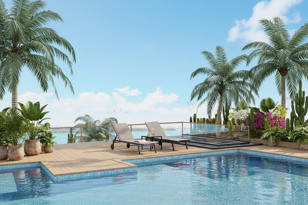 Patio Textile Chaise Lounge Chairs with Side Table, 5-Level Backrest Pool Loungers on Wheel, for Outdoor Pool, Yard, Lawn, Beach