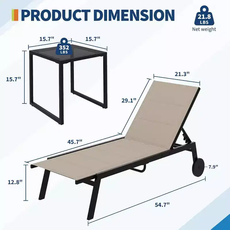 Chaises longues de patio en textile avec table d'appoint, chaises longues de piscine à dossier réglable sur 5 niveaux sur roulettes, pour piscine extérieure, cour, pelouse, plage