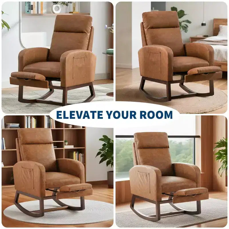 Lot de 2 fauteuils à bascule, fauteuils à bascule rembourrés, dossier haut, tissu doux en forme d'ours, repose-pieds réglable, fauteuil à bascule pour salon, chambre, marron