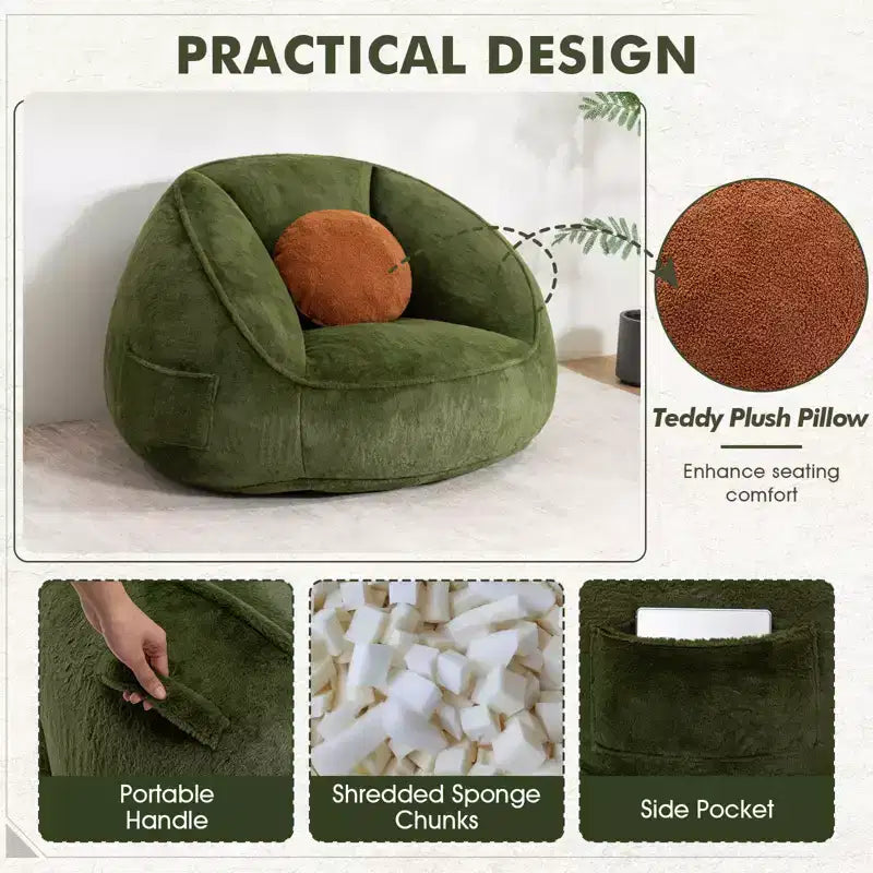 Fauteuil poire ergonomique en similicuir vert avocat avec fausse fourrure et mousse à mémoire de forme - Le cadeau parfait pour les adultes