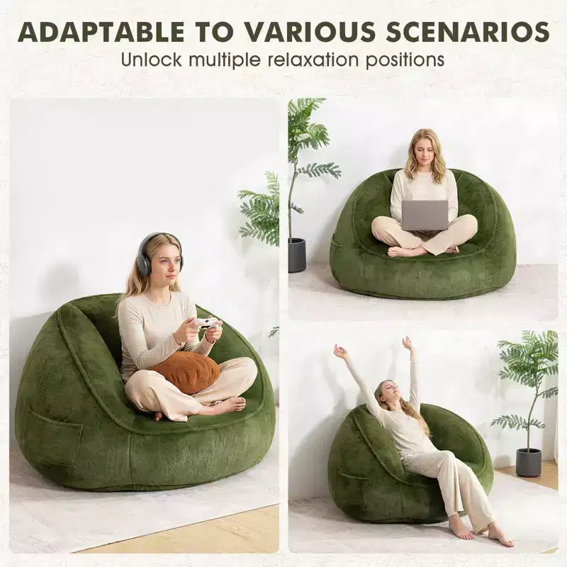 Fauteuil poire ergonomique en similicuir vert avocat avec fausse fourrure et mousse à mémoire de forme - Le cadeau parfait pour les adultes